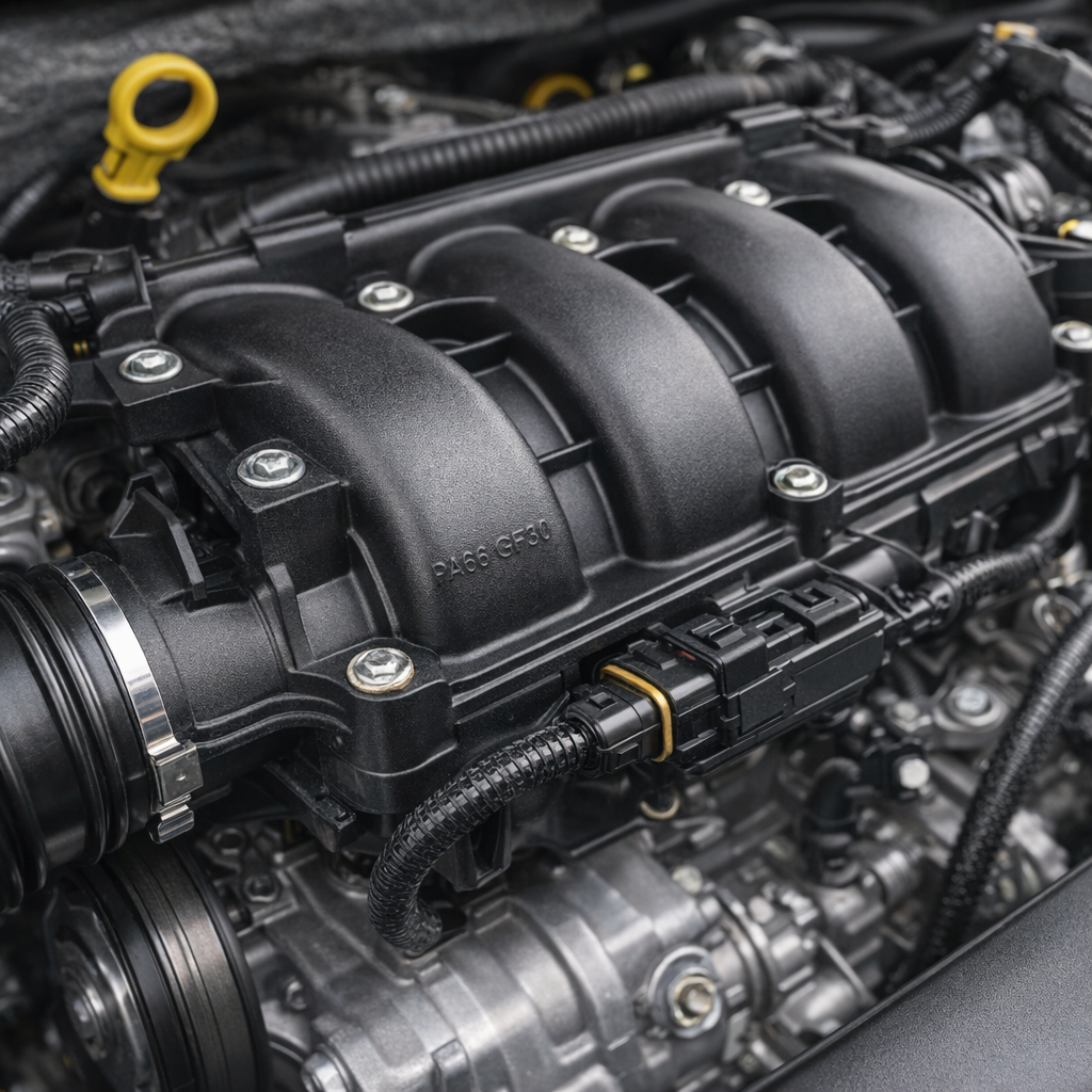 Close-up of a black polymer intake manifold in an automotive engine bay